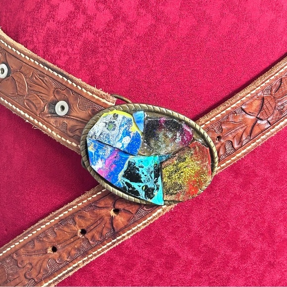Repurposed BELT BUCKLE OOAK Hand Painted Mosaic Tiles Cluster Artisan Unisex - Picture 1 of 17